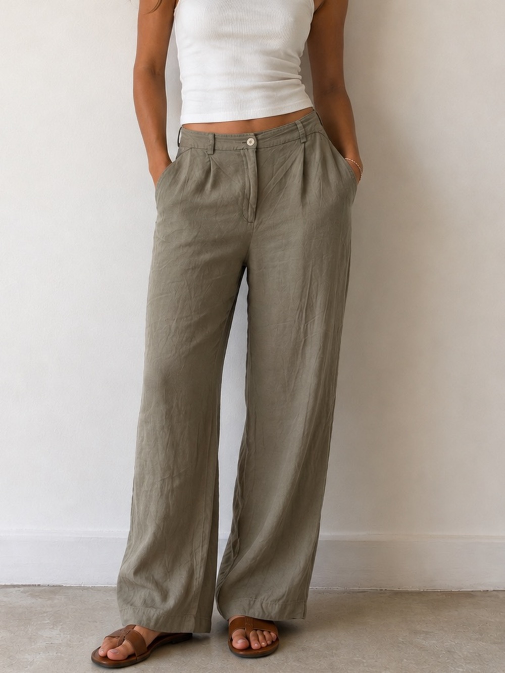 NAP Loungewear Women’s Pull On Linen Trousers In Tan/Olive Size Large